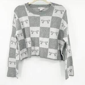 Sincerely Jules Womens Fall Bow Checkered Crewneck Knit Sweater Size L‎ Gray